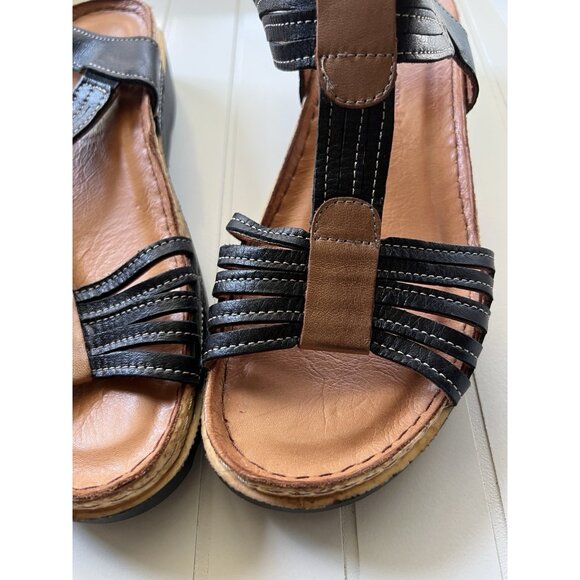 Spring Step Leather Comfort Fisherman Sandals Black Tan Women’s Size 7 - Picture 2 of 12